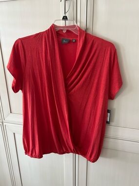 Strazzi Red Draped Surplice Short Sleeve Top with Elastic Hem